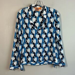 Tory Burch Blue White Leaf Mirrored Print Top Size 6